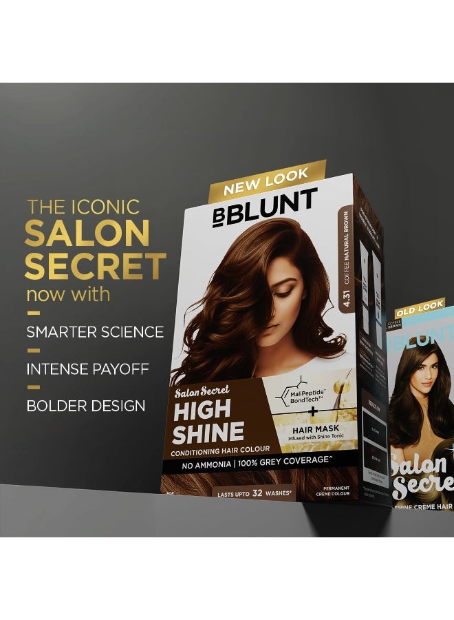 BBLUNT Salon Secret High Shine Conditioning Hair Colour With MaliPeptide BondTech  to reduce breakage | Coffee Natural Brown 4.31 | No Ammonia 100%, Grey Coverage | Long Lasting Colour | Salon at home 130g - Image 4